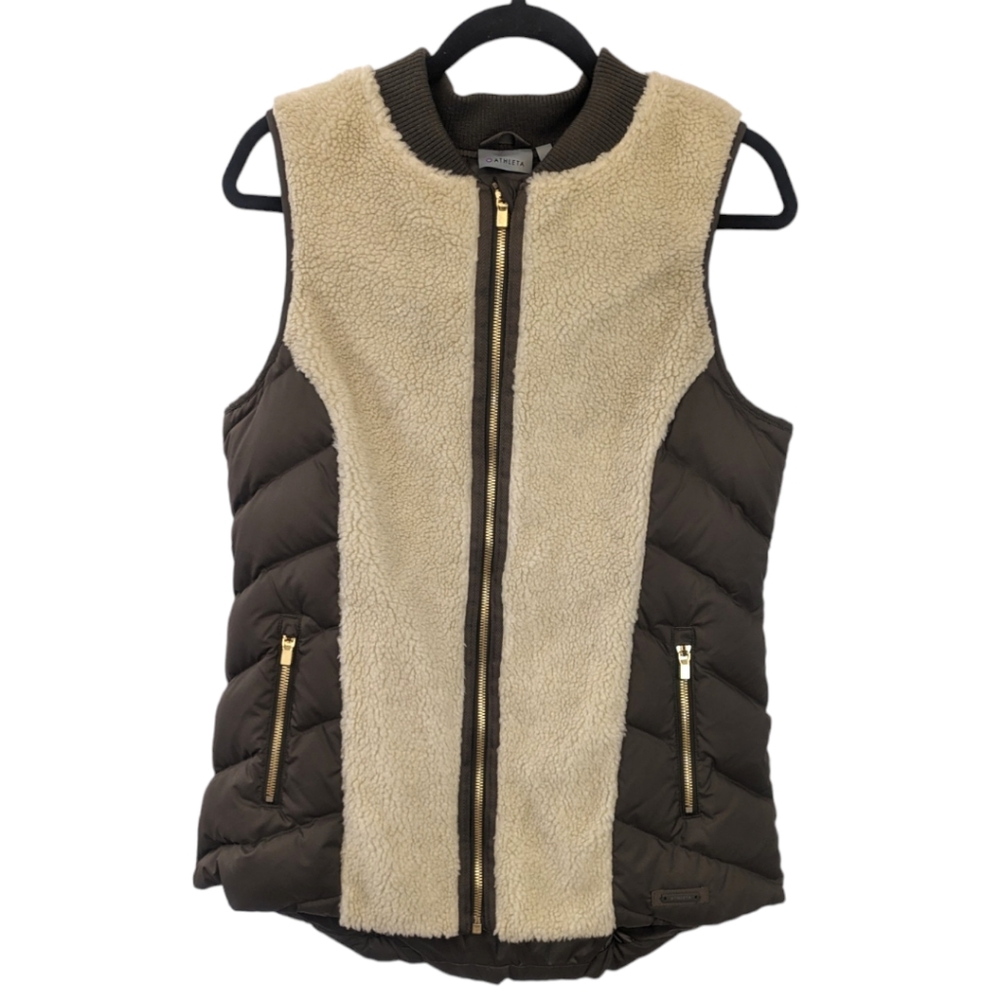 Athleta Responsible Down Tundra Vest Olive Cream Sherpa Gold Zip. Medium